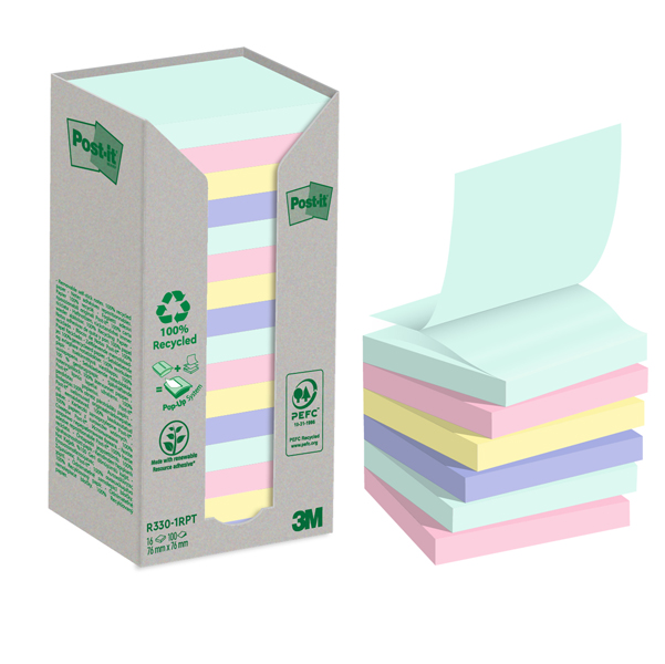 Cf. 16pz blocco 100 fg. Post-it®Z-Notes Green 76x76mm R330-1RPT colori pastello