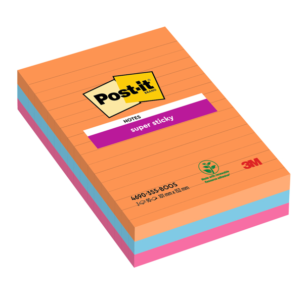 Cf. 3pz blocco 90fg. Post-itÂ® Super Sticky RIGHE 101x152mm 4690-3SS-BOOS Boost