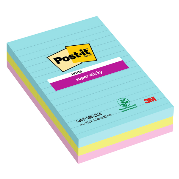 Cf. 3pz blocco 90fg. Post-it® Super Sticky RIGHE 101x152mm 4690-SS3COS Cosmic