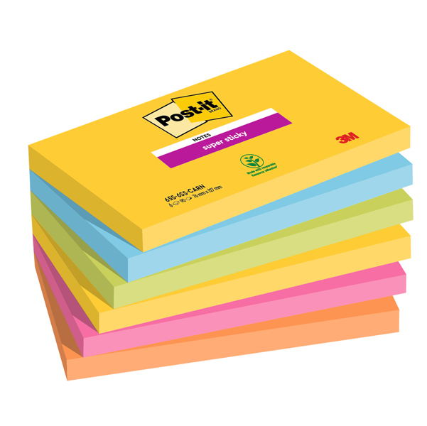 Cf. 6pz blocco 90fg. Post-it® Super Sticky 76x127mm 655-6SS- CARN Carnival