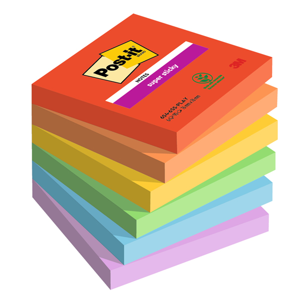 Cf. 6pz blocco 90foglietti Post-it® Super Sticky 76x76mm 654-6SS-PLAY Playful