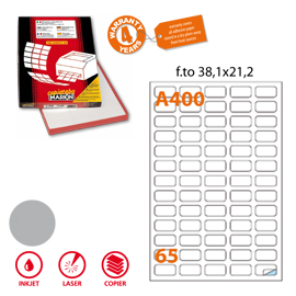 Etichetta adesiva A/400 argento 100fg A4 laser 38,1x21,2mm (65et/fg Markin