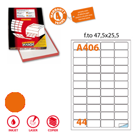 Etichetta adesiva A/406 arancio fluo 100fg A4 47,5x25,5mm (44et/fg Markin