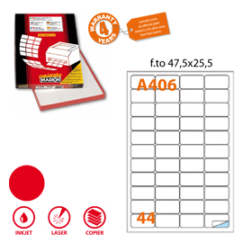 Etichetta adesiva A/406 rosso fluo 100fg A4 47,5x25,5mm (44et/fg Markin