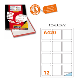 Etichetta adesiva A/420 bianca 100fg A4 63,5X72mm (12eti/fg Markin