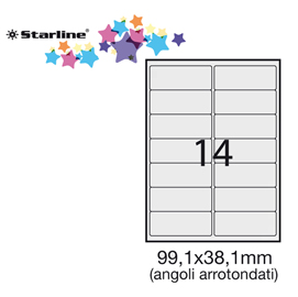 Etichetta adesiva bianca 100fg A4 99,1x38,1mm (14et/fg angoli tondi STARLINE