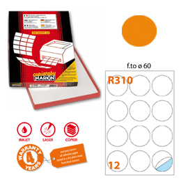 Etichetta adesiva R/310 arancio fluo 100fg A4 tonda D60mm (12et/fg Markin