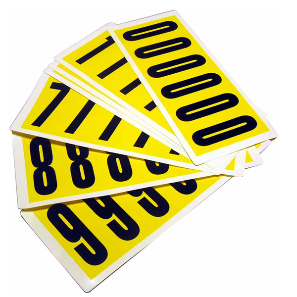 Numeri adesivi 0-9 90 x 38mm 6et/fg. nero/giallo Beaverswood