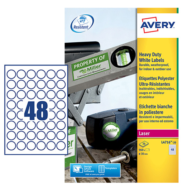 Poliestere adesivo L4716 bianco 20fg A4 D 30mm (48et/fg laser Avery