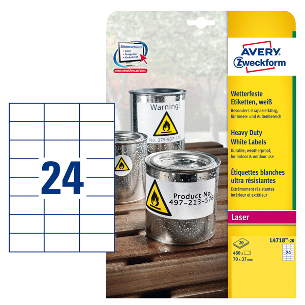 Poliestere adesivo L4718 bianco 20fg A4 70x37mm (24et/fg laser Avery
