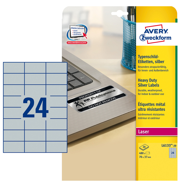 Poliestere adesivo L6133 argento 20fg A4 70x37mm (24et/fg laser Avery