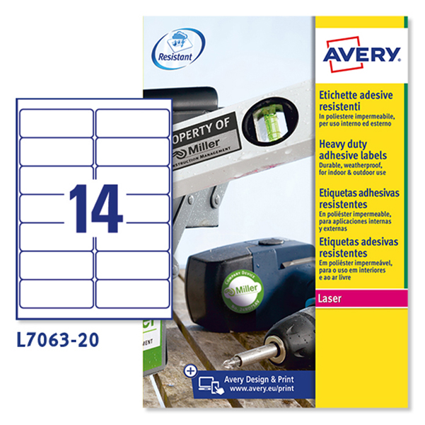Poliestere adesivo L7063 bianco 20fg A4 99,1x38,1mm (14et/fg laser Avery