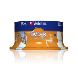 SCATOLA 25 DVD-R SPINDLE 16X 4.7GB 120MIN. STAMPABILE WIDE PHOTO INKJET