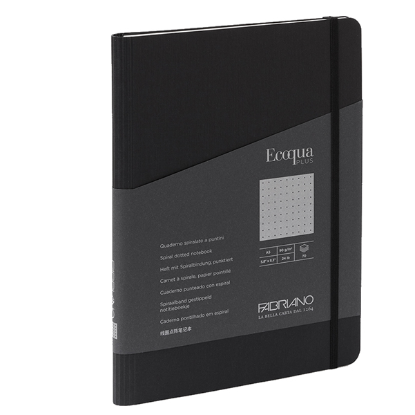 Taccuino c/elast. Ecoqua Plus spiral. A5 70fg. puntinato nero Fabriano