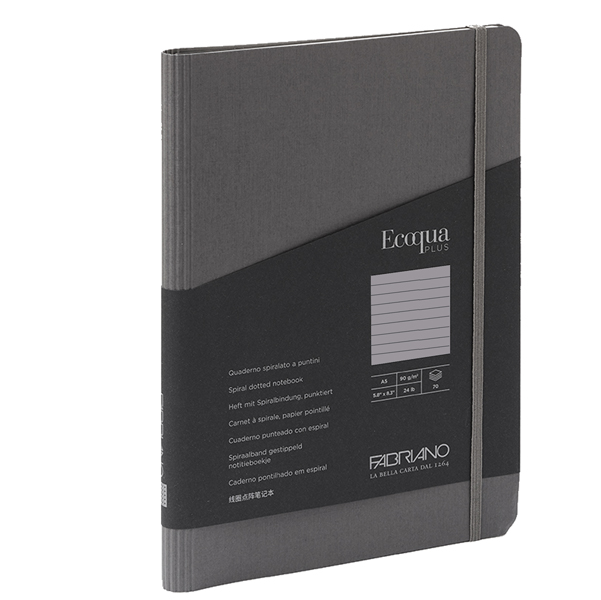 Taccuino c/elast. Ecoqua Plus spiral. A5 70fg. righe antracite Fabriano