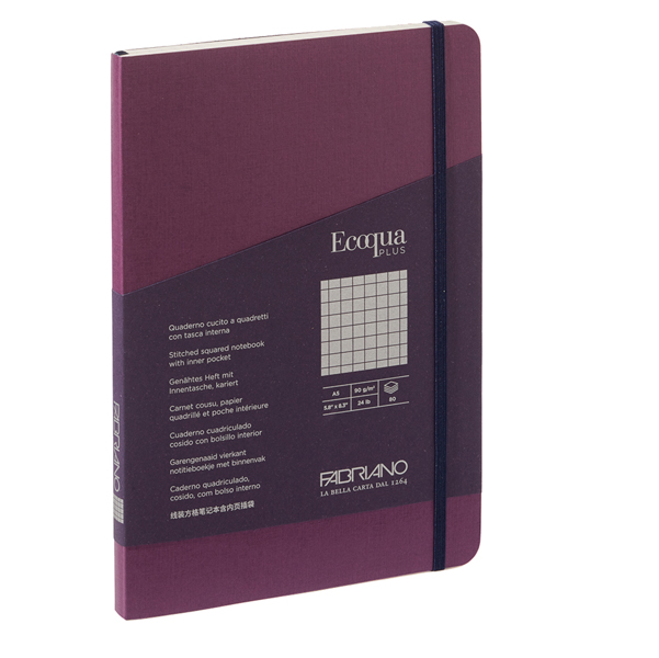 Taccuino c/elastico Ecoqua Plus cucito f.to A5 80 fogli 5mm vino Fabriano