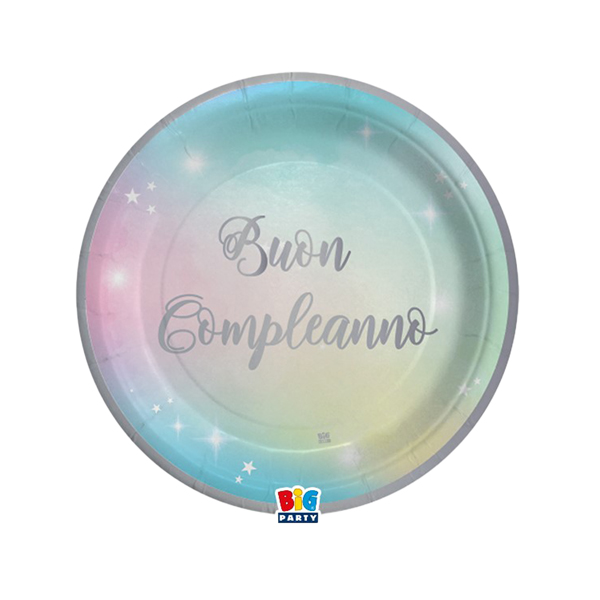 8 piatti D18cm Buon Compleanno Soft Rainbow Big Party