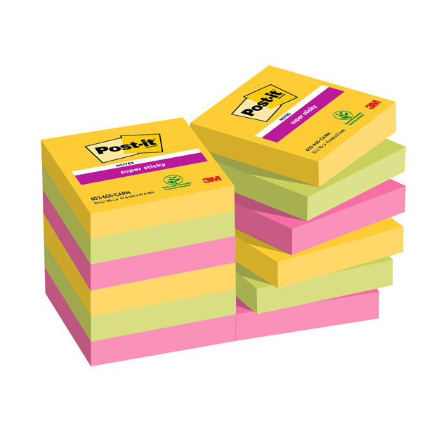 Cf. 12pz blocco 90fg. Post-itÂ® Super Sticky 47,6x47,6mm 622-12SS-CARN Carnival