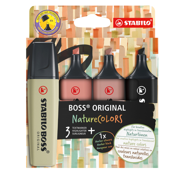 Astuccio 4 evidenziatori Stabilo Boss NatureColors (oliva/cacao/siena/nero