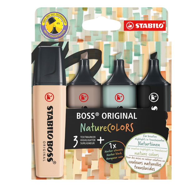 Astuccio 4 evidenziatori Stabilo Boss NatureColors (tE'/sabbia/cenere/nero