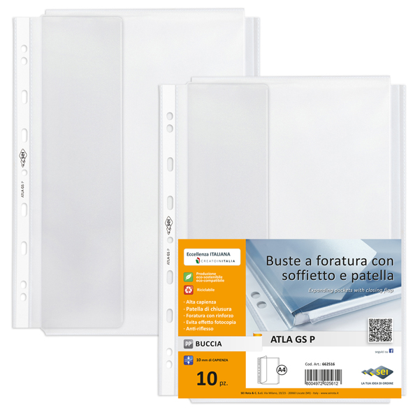 10 buste forate ATLA GS P c/soffietto e patella A4 trasp. buccia Sei rota