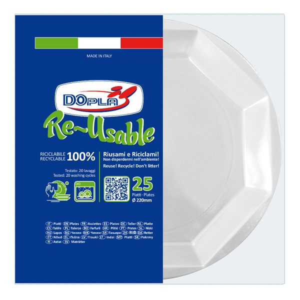 25 Piatti piani D220mm in PS Reuse bianco Dopla