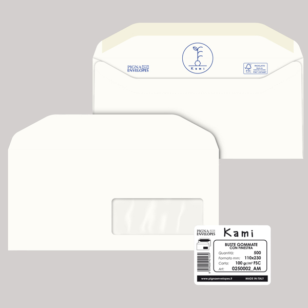 500 busteKAMI GOMMATE bianca carta riciclata FSC®c/finestra110x230mm 100gr Pigna