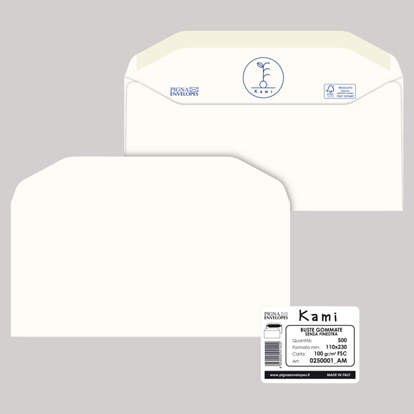 500 busteKAMI GOMMATE bianca carta riciclataFSC®s/finestra 110x230mm 100gr Pigna