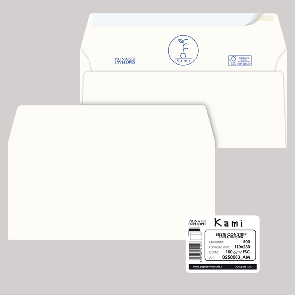 500 buste KAMI STRIP bianca carta riciclata FSC  s/finestra110x230mm 100gr Pigna
