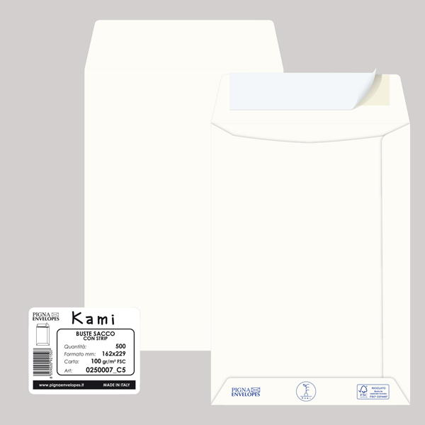 500 buste sacco KAMI STRIP bianca carta riciclata FSC® 162x229mm 100gr Pigna Env