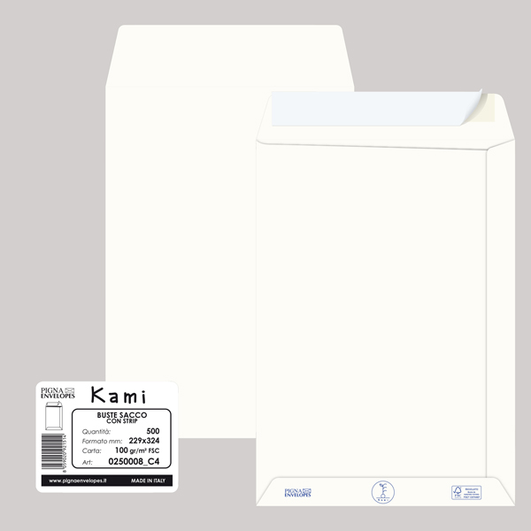 500 buste sacco KAMI STRIP bianca carta riciclata FSC® 229x324mm 100gr Pigna Env
