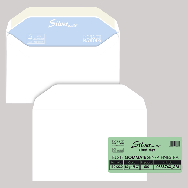 500 buste SILVER MATIC 80 FSC® gommata bianca s/finestra 110x230mm 80gr Pigna En