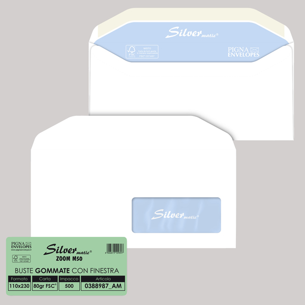 500 buste SILVER MATIC LUX FSC® gommata bianca c/finestra 110x230mm 80gr Pigna E