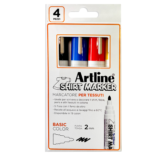 Astuccio 4 marcatori per tessuto p. tonda 2.0mm nero/rosso/blu/giallo Artline(de