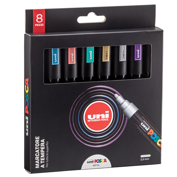 Astuccio 8 marcatore Uni Posca PC5M p.media 1,8-2,5mm col.ass. metal UNI