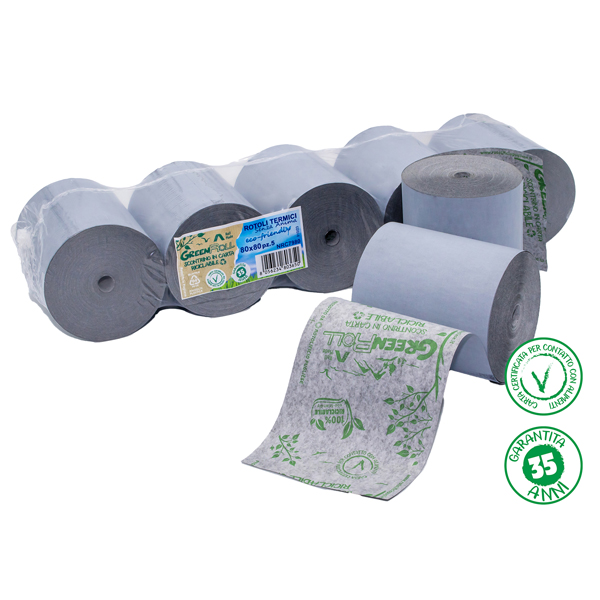 Blister 5 rotoli RC carta termica Green Roll 48gr 79mm x 80mt D78mm - Ricicl.
