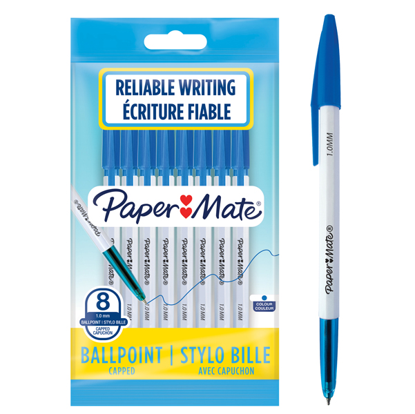 Busta 8 penne a sfera con cappuccio PaperMate 045 punta 1,0mm blu