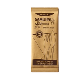 [95171] Conf. 100 Bis coltello forchetta CPLA con stuzzicadenti e tovagliolo Samurai