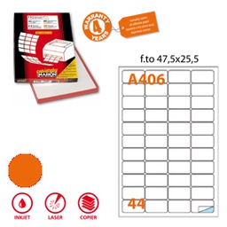 [80189] Etichetta adesiva A/406 arancio fluo 100fg A4 47,5x25,5mm (44et/fg Markin
