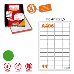 [80190] Etichetta adesiva A/406 verde fluo 100fg A4 47,5x25,5mm (44et/fg Markin