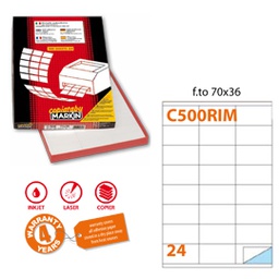 [45433] Etichetta adesiva C/500 bianca rimov. 100fg A4 70x36mm (24et/fg Markin