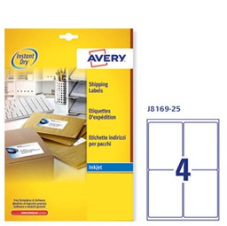[45197] Etichetta adesiva J8169 bianca 25fg A4 99,1x139mm (4et/fg inkjet Avery