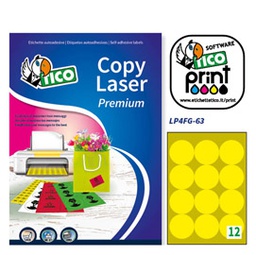 [68627] Etichetta adesiva LP4F giallo fluo 70fg A4 tonda D63,5mm (12et/fg) Tico