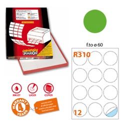 [80186] Etichetta adesiva R/310 verde fluo 100fg A4 tonda D60mm (12et/fg Markin