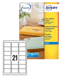 [45203] Poliestere adesivo J8560 trasparente 25fg A4 63,5x38,1mm (21et/fg inkjet Avery
