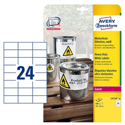 [96943] Poliestere adesivo L4718 bianco 20fg A4 70x37mm (24et/fg laser Avery