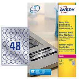 [96946] Poliestere adesivo L6129 argento 20fg A4 D 30mm(48et/fg laser Avery