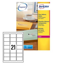 [45199] Poliestere adesivo L7560 trasparente 25fg A4 63,5x38,1mm (21et/fg laser Avery