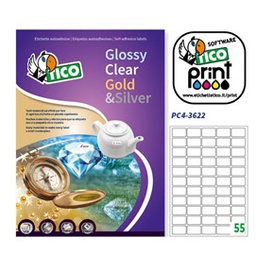 [61884] Poliestere adesivo PC4 trasparente 100fg A4 36x22mm (55et/fg laser Tico