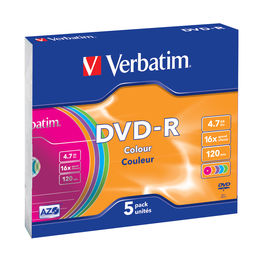 [VERBDVD-R4716C] SCATOLA 5 DVD-R SLIM CASE 16X 4.7GB 120MIN. SERIGRAFATO COLORATO